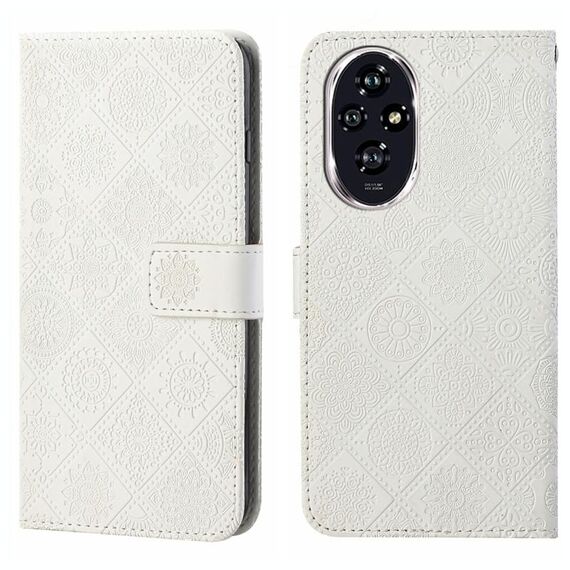Custodia per telefono in pelle con motivo in rilievo in stile etnico per Honor 200 Pro (bianca)