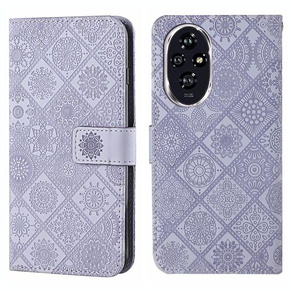 Custodia per telefono in pelle con motivo in rilievo in stile etnico per Honor 200 Pro (viola)
