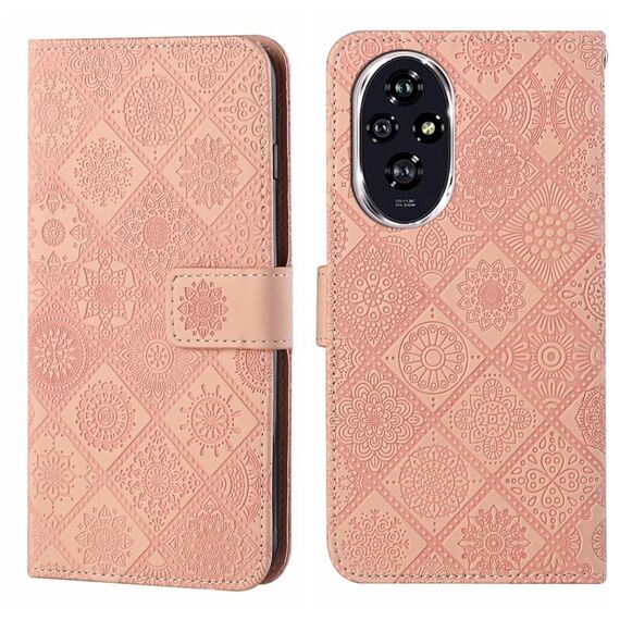 Custodia per telefono in pelle con motivo in rilievo in stile etnico per Honor 200 (rosa)