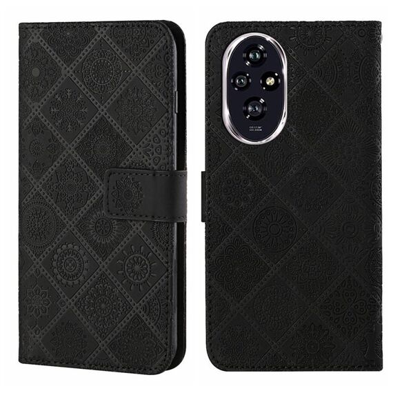 Custodia per telefono in pelle con motivo in rilievo in stile etnico per Honor 200 (nero)