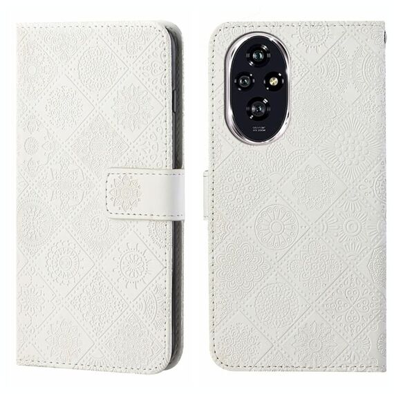 Custodia per telefono in pelle con motivo in rilievo in stile etnico per Honor 200 (bianca)