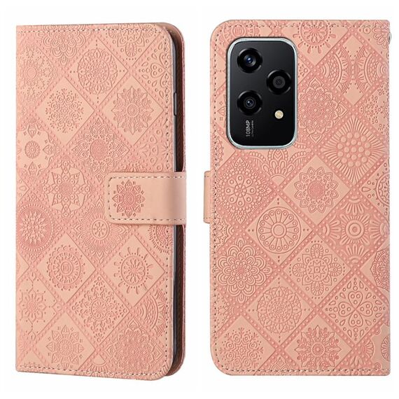 Custodia per telefono in pelle con motivo in rilievo in stile etnico globale per Honor 200 Lite (rosa)