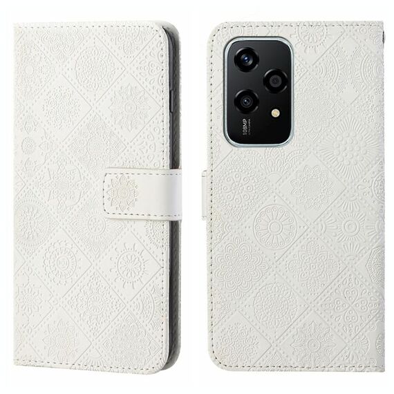 Custodia per telefono in pelle con motivo in rilievo in stile etnico globale per Honor 200 Lite (bianca)
