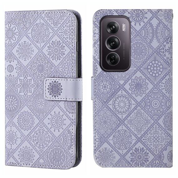 Per OPPO Reno12 Pro Custodia per telefono in pelle con motivo in rilievo in stile etnico globale (viola)