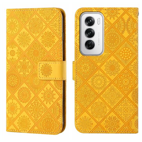 Per OPPO Reno12 5G Custodia per telefono in pelle con motivo in rilievo in stile etnico globale (giallo)