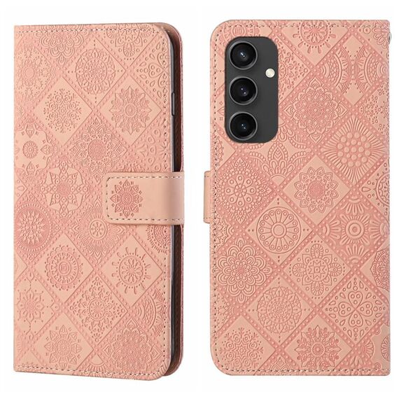 Per Samsung Galaxy S24 FE 5G Custodia per telefono in pelle con motivo in rilievo in stile etnico (rosa)