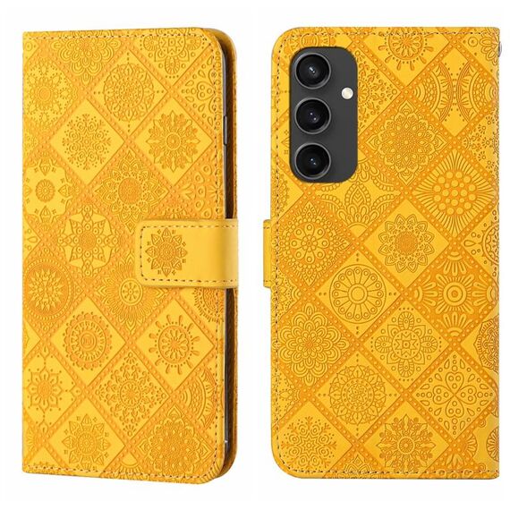 Per Samsung Galaxy S24 FE 5G Custodia per telefono in pelle con motivo in rilievo in stile etnico (giallo)