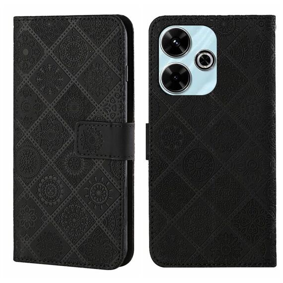 Per Redmi 13 4G Custodia per telefono in pelle con motivo in rilievo in stile etnico (nero)