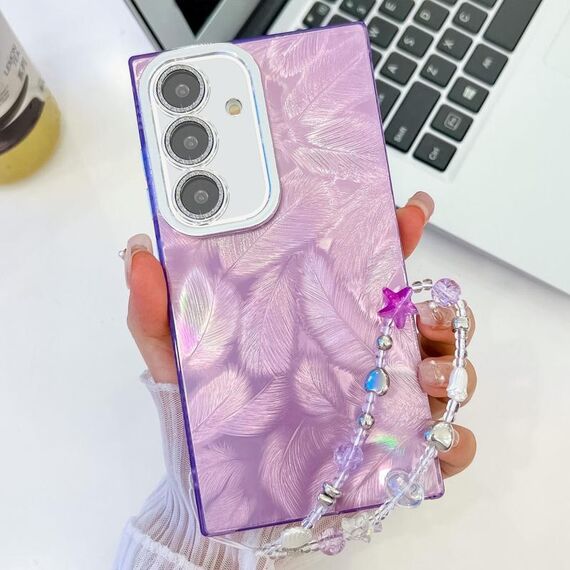 Per Samsung Galaxy S24 FE 5G placcatura glitter texture catena cinturino custodia per telefono in TPU con pellicola per lenti (piume viola)