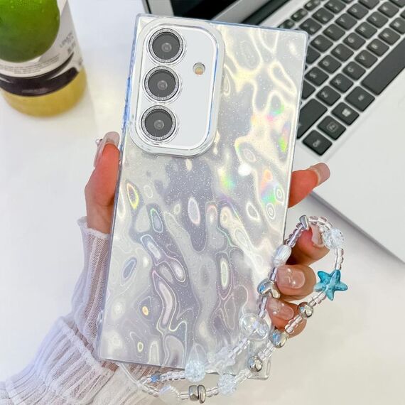 Per Samsung Galaxy S24 FE 5G placcatura glitter texture catena cinturino custodia per telefono in TPU con pellicola per lenti (rughe bianche)