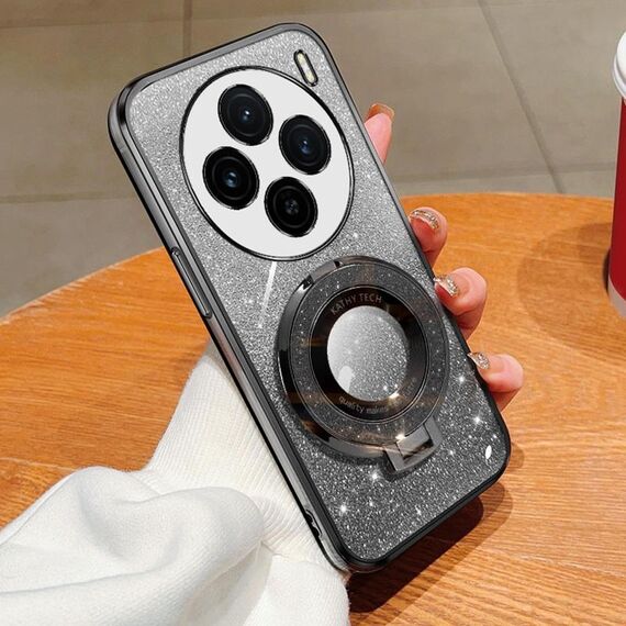 Per vivo X100s Custodia per telefono in TPU con supporto rotondo glitterato sfumato placcato (nero)