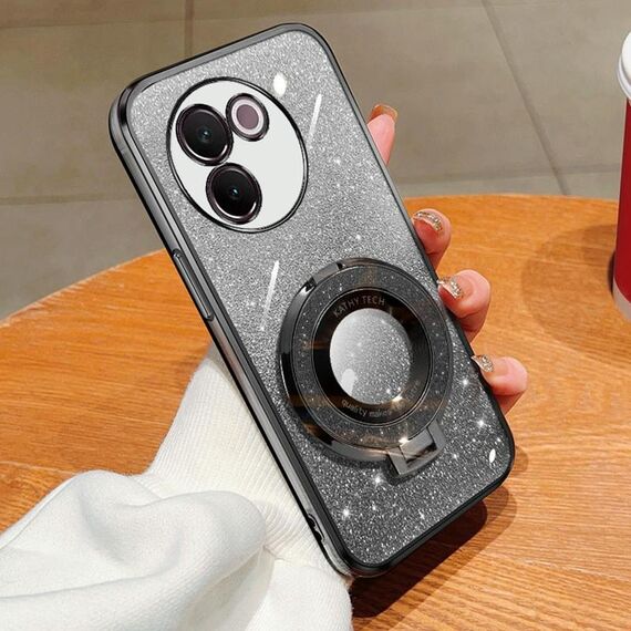 Per vivo V30e Custodia per telefono in TPU con supporto rotondo glitterato sfumato placcato (nero)