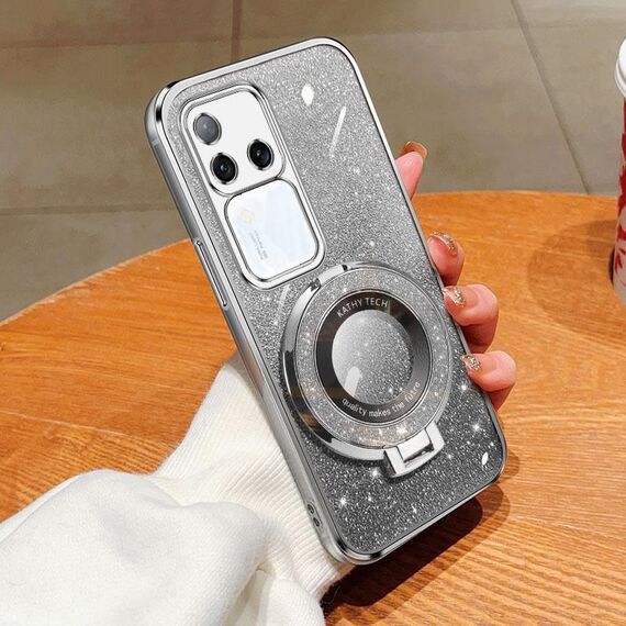 Per vivo S18 Pro Custodia per telefono in TPU con supporto rotondo glitterato sfumato placcato (argento)