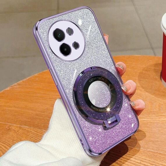 Per vivo S18e Custodia per telefono in TPU con supporto rotondo glitterato sfumato placcato (viola)