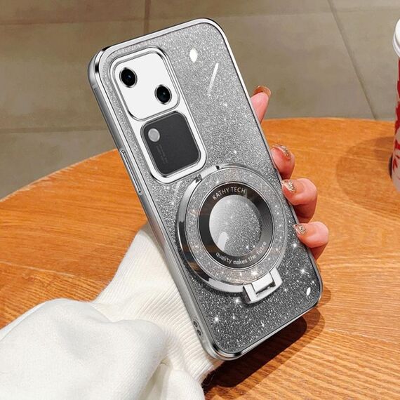 Per vivo S18 Custodia per telefono in TPU con supporto rotondo glitterato sfumato placcato (argento)