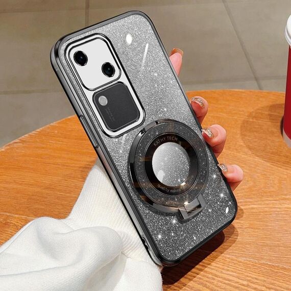 Per vivo S18 Custodia per telefono in TPU con supporto rotondo glitterato sfumato placcato (nero)