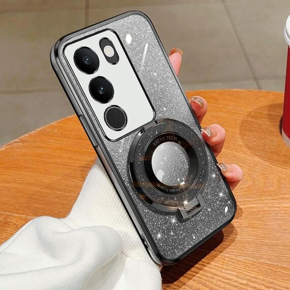 Per vivo S17T / S17 / S17 Pro Custodia per telefono in TPU con supporto rotondo glitterato sfumato placcato (nero)