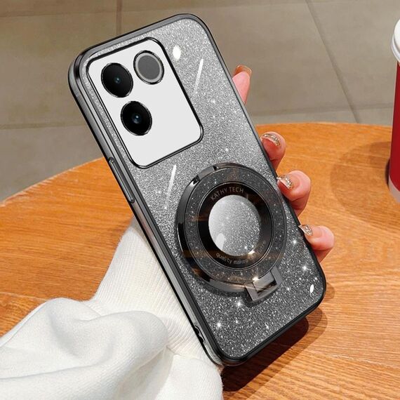Per vivo S17e Custodia per telefono in TPU con supporto rotondo glitterato sfumato placcato (nero)
