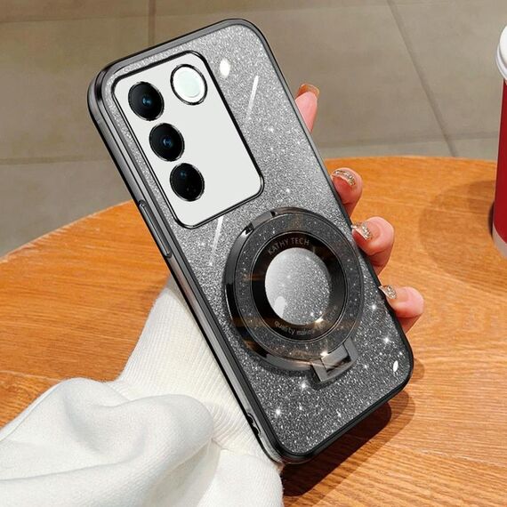 Per vivo S16 / S16 Pro Custodia per telefono in TPU con supporto rotondo glitterato sfumato placcato (nero)