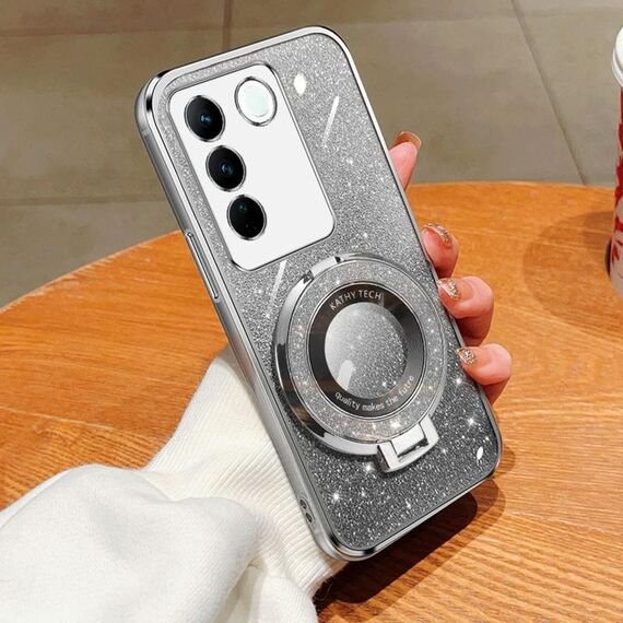 Per vivo V27 / V27 Pro Custodia per telefono in TPU con supporto rotondo glitterato sfumato placcato (argento)