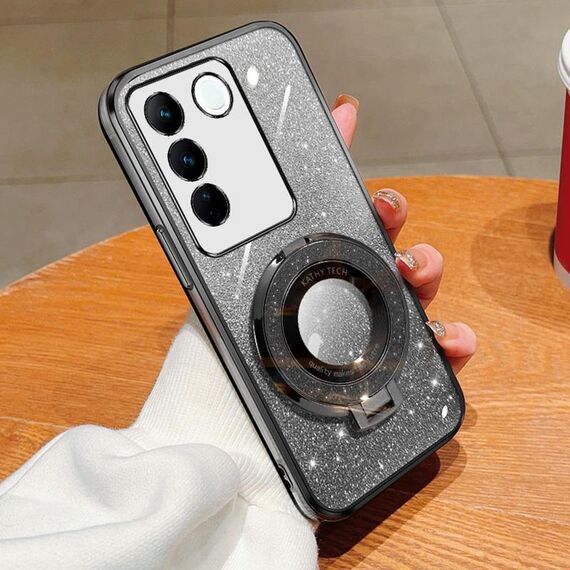 Per vivo S16e Custodia per telefono in TPU con supporto rotondo glitterato sfumato placcato (nero)