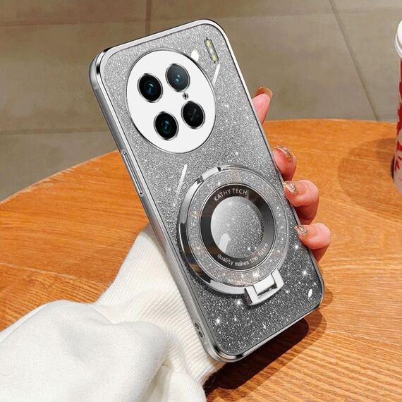 Custodia per telefono in TPU con supporto rotondo con glitter sfumato placcato per vivo X90 Pro (argento)