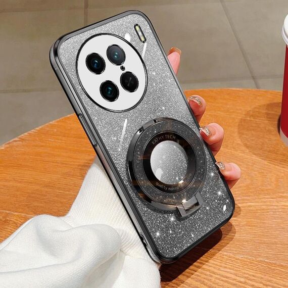 Per vivo X90 Pro Custodia per telefono in TPU con supporto rotondo glitterato sfumato placcato (nero)