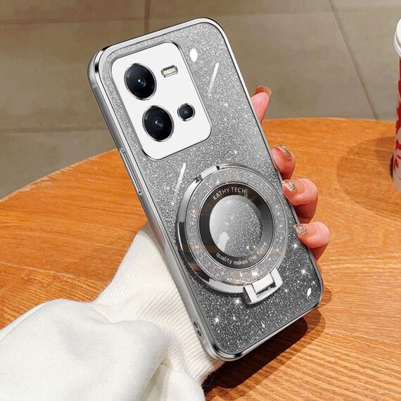 Per vivo V25 5G Custodia per telefono in TPU con supporto rotondo glitterato sfumato placcato (argento)