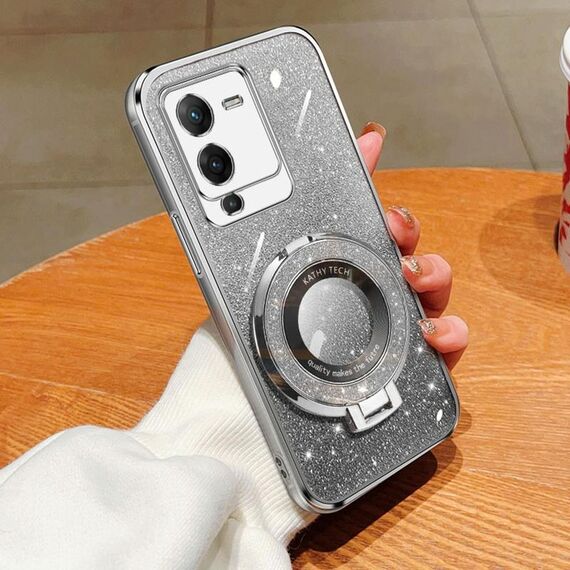 Per vivo S15 Custodia per telefono in TPU con supporto rotondo glitterato sfumato placcato (argento)