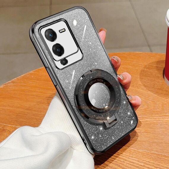 Per vivo S15 Custodia per telefono in TPU con supporto rotondo glitterato sfumato placcato (nero)
