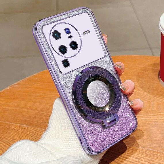 Per vivo X80 Pro Custodia per telefono in TPU con supporto rotondo glitterato sfumato placcato (viola)