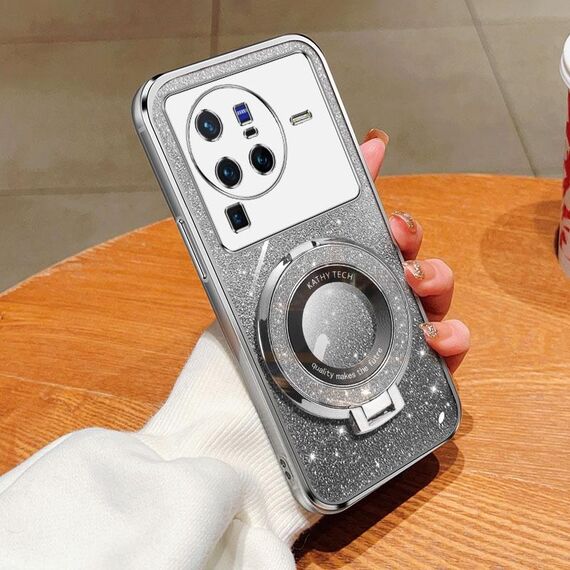 Per vivo X80 Pro Custodia per telefono in TPU con supporto rotondo glitterato sfumato placcato (argento)