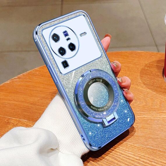Per vivo X80 Pro Custodia per telefono in TPU con supporto rotondo glitterato sfumato placcato (blu Sierra)