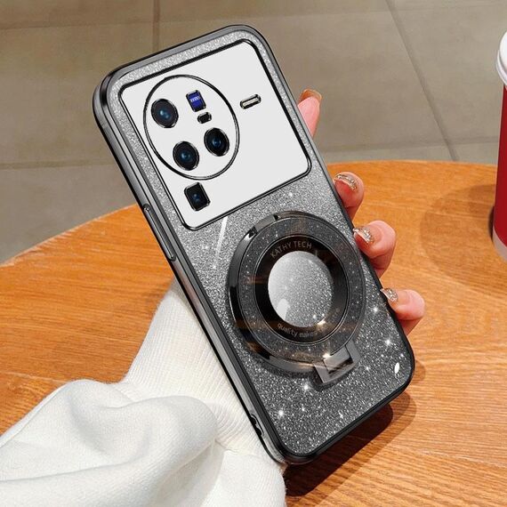 Per vivo X80 Pro Custodia per telefono in TPU con supporto rotondo glitterato sfumato placcato (nero)