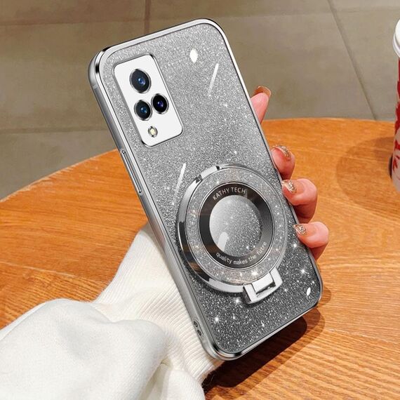Custodia per telefono in TPU con supporto rotondo con glitter sfumato placcato per vivo V21 4G / 5G (Argento)