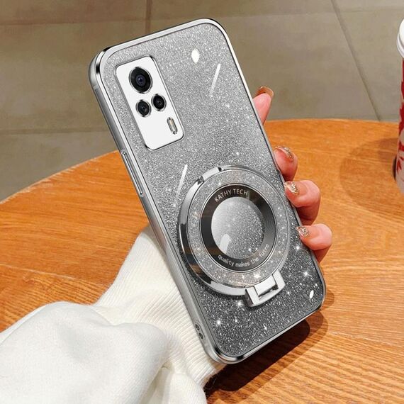 Per vivo S9e Custodia per telefono in TPU con supporto rotondo glitterato sfumato placcato (argento)