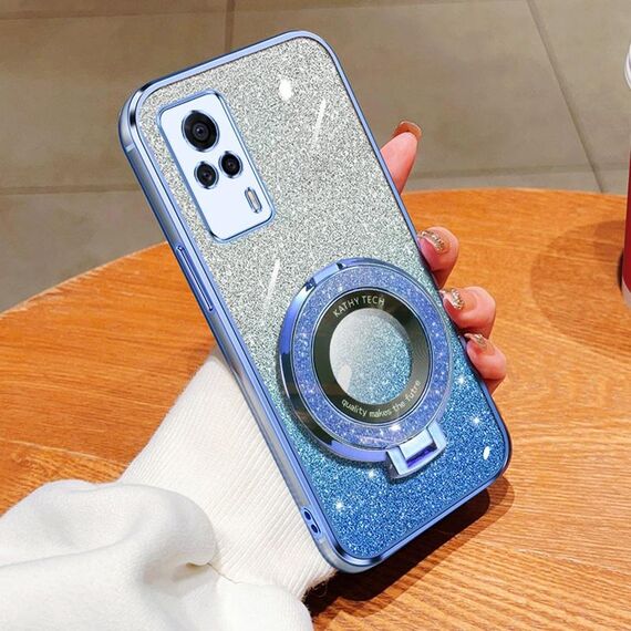 Per vivo S9e Custodia per telefono in TPU con supporto rotondo glitterato sfumato placcato (blu Sierra)