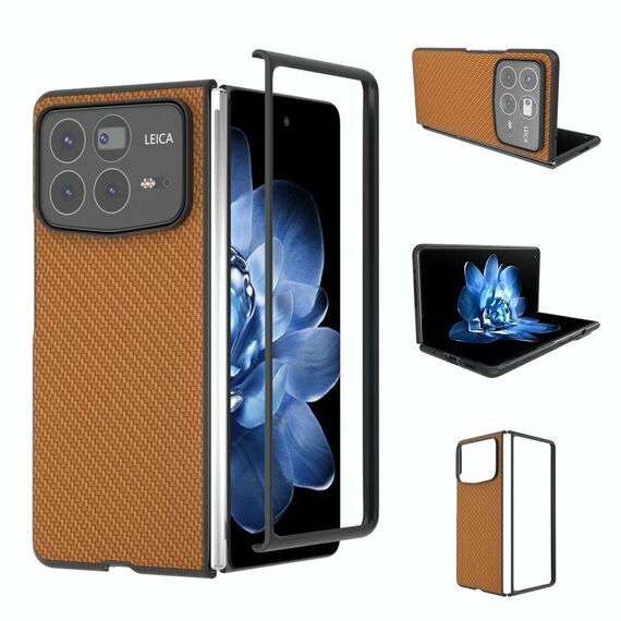 Per Xiaomi Mix Fold 4 Custodia per telefono in PU con struttura in fibra di carbonio e cornice nera (marrone)