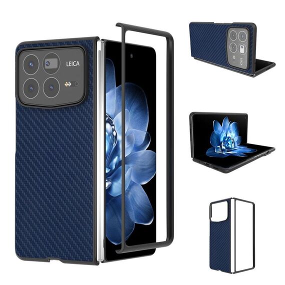 Per Xiaomi Mix Fold 4 Custodia per telefono in PU con struttura in fibra di carbonio e cornice nera (blu)