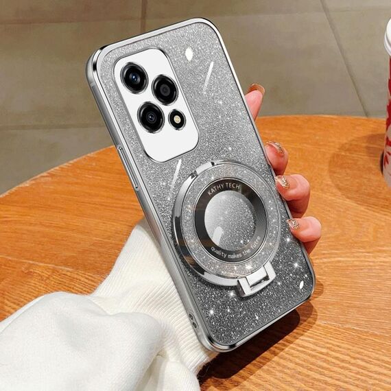 Per Honor 200 Lite Custodia per telefono in TPU con supporto rotondo glitterato e placcato a gradiente globale (argento)