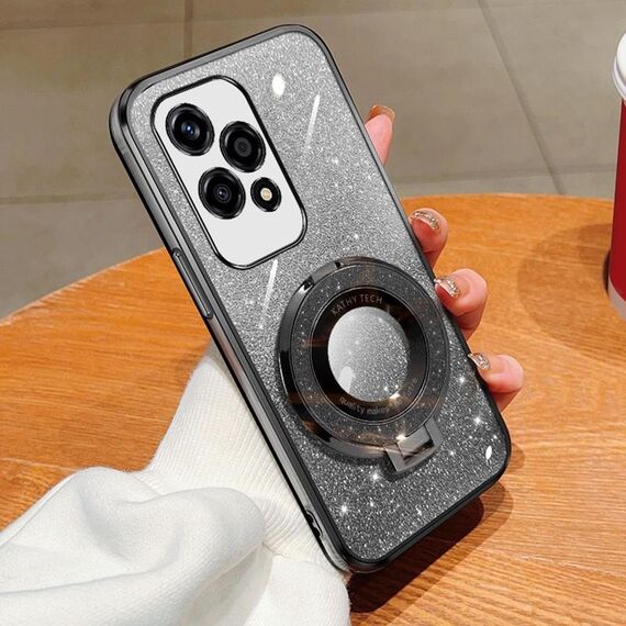 Per Honor 200 Lite Custodia per telefono in TPU con supporto rotondo glitterato sfumato placcato globale (nero)