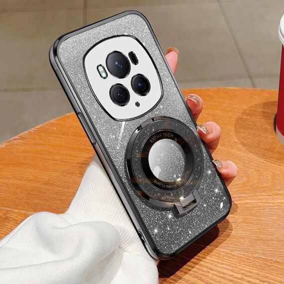 Custodia per telefono in TPU con supporto rotondo glitterato sfumato placcato per Honor Magic6 Pro (nero)