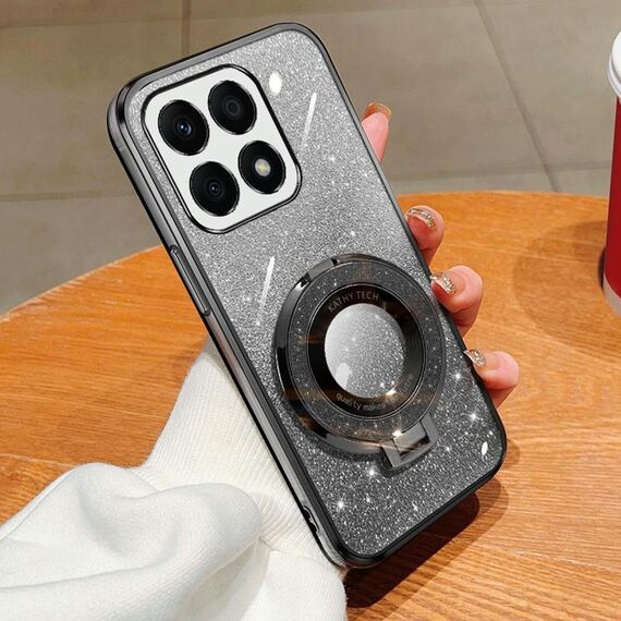 Per Honor X8a Custodia per telefono in TPU con supporto rotondo glitterato sfumato placcato (nero)