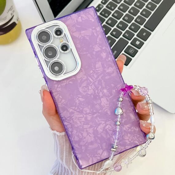Per Samsung Galaxy S24 Ultra 5G placcatura glitter texture catena cinturino custodia per telefono in TPU con pellicola per lenti (modello a conchiglia viola)