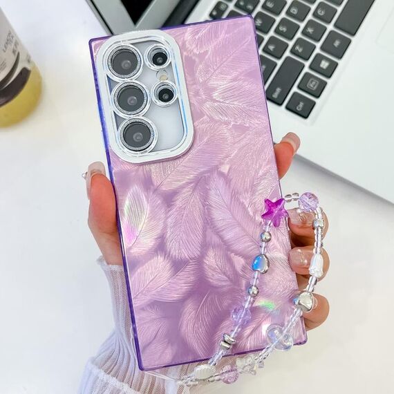 Per Samsung Galaxy S24 Ultra 5G placcatura glitter texture catena cinturino custodia per telefono in TPU con pellicola per lenti (piume viola)