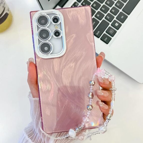 Per Samsung Galaxy S24 Ultra 5G placcatura glitter texture catena cinturino custodia per telefono in TPU con pellicola per lenti (filato di piume rosa)
