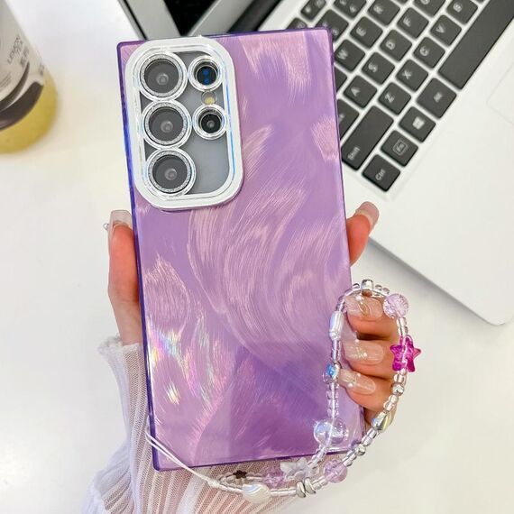 Per Samsung Galaxy S24 Ultra 5G placcatura glitter texture catena cinturino custodia per telefono in TPU con pellicola per lenti (filato di piume viola)