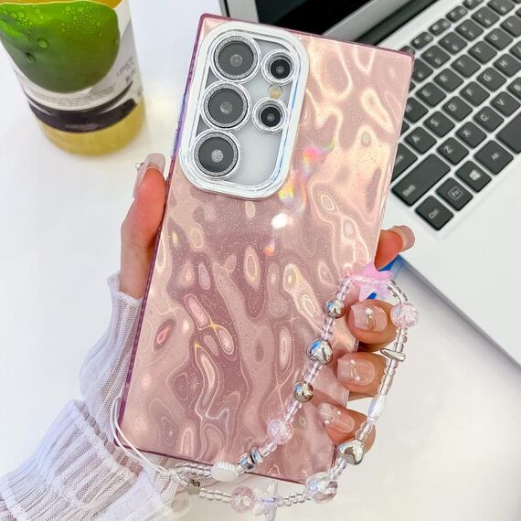 Per Samsung Galaxy S24 Ultra 5G placcatura glitter texture catena cinturino custodia per telefono in TPU con pellicola per lenti (grinze rosa)