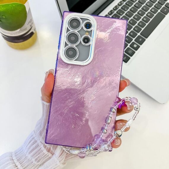 Per Samsung Galaxy S24 Ultra 5G placcatura glitter texture catena cinturino custodia per telefono in TPU con pellicola per lenti (texture in stagnola viola)