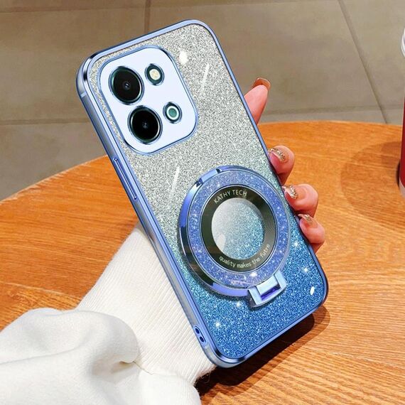 Per vivo Y28 4G Custodia per telefono in TPU con supporto rotondo glitterato sfumato placcato (blu Sierra)